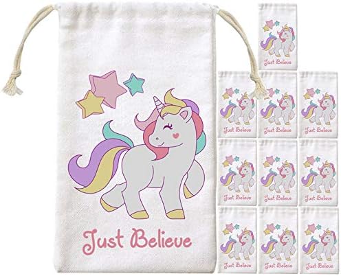 IN WORDS Unicorn Party Favor Gift Bags - Cotton Goodie Drawstring Loot Treat Bags for Girls, Kids Birthday Favors Decoration Supplies (10 Pack)