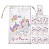 In Words Unicorn Party Favor Gift Bags - Cotton Goodie Drawstring Loot Treat Bags for Girls, Kids Birthday Favors Decoration Supplies (10 Pack)