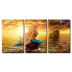 Mermaid and Ghost Ship with Sunset - Canvas Art Wall Art - 16"x24"