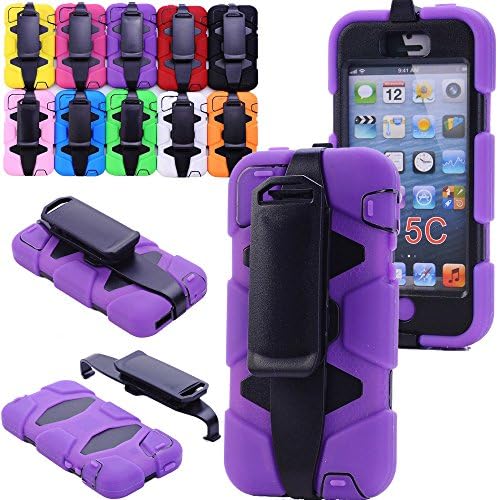 Generic For iphone 5C Rubber Case, Defender Series Heavy Duty Army Military Grade Shock-absorbing Weather Shatter-resistant Extreme Impact Hybrid Built-in Screen Protector Camo Hunter Case With Belt Clips/Holster For iphone 5C Only (Not For iphone 5/5s) (Purple)