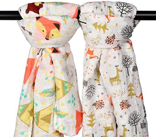 Muslin Baby Swaddle Blankets - 2 pack Large 47x47 inches Organic Cotton Square- Bear&amp;Fox Design- Swaddling Wrap, Burping Cloth, Stroller Cover - Nursery Shower Gift Set Unisex Neutral (Party Animal)