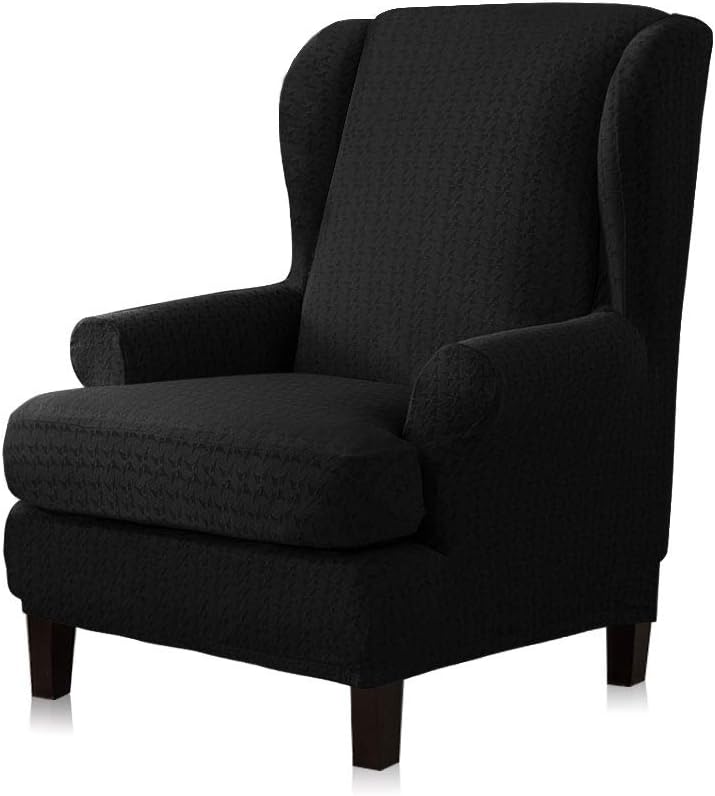 TIKAMI Wing Chair Slipcovers Stretch Wingback Armchair Cover 2-Piece Sofa Furniture Protector with Printing Pattern (Black)