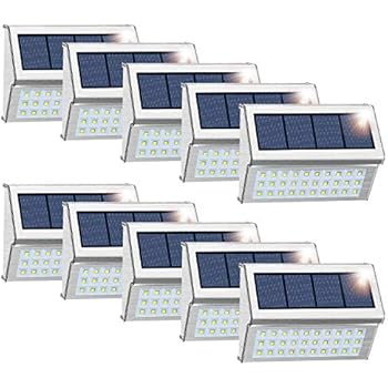 ROSHWEY Solar Deck Lights Outdoor, Waterproof Step Lamps Stainless Steel Bright 30 LED Walkway Security Lights for Garden Fence Patio Pathway (Cool White Light, 10 Pack)