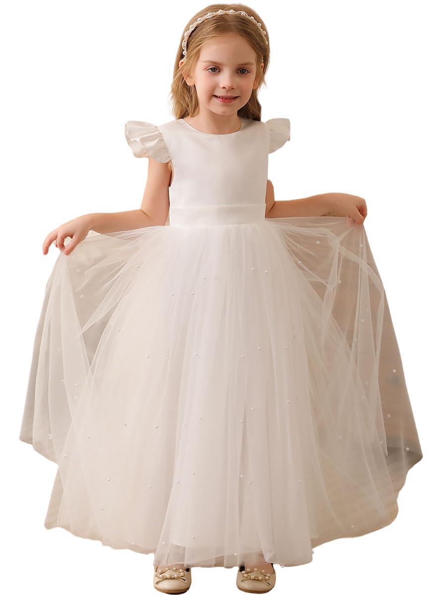 Photo 1 of Kismissal Flower Girls Dress V-Back Sleeveless Pearl Girls Dress Tulle Pageant Gown with Bowknot for Wedding First Communion M 