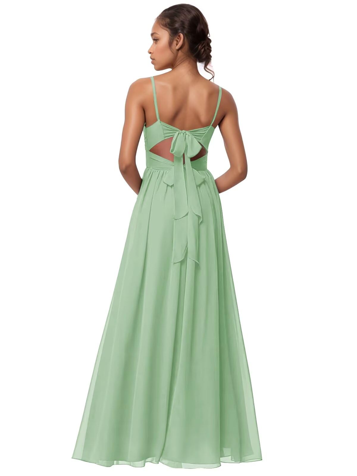 Photo 1 of Lrhneeior Spaghetti Straps Chiffon Bridesmaid Dresses Long Ruched Slit A Line Formal Dress for Women US4 Sage Green