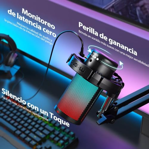 MAONO Microfono USB para Gamer, micrófono Condensador con cancelación de Ruido, Silencio, Ganancia, monitoreo, Brazo para Streaming, Podcast, Youtube, PC, computadora, PS4,PS5, Mac, GamerWave, DGM20S
