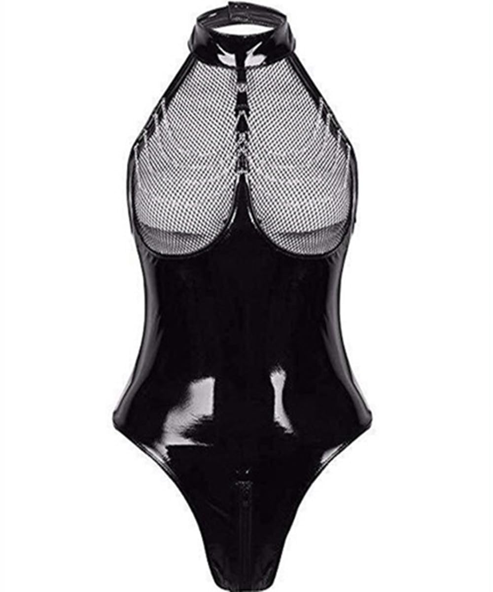 Satohom Women Wetlook Patent Leather Halter Neck Fishnet Bust Zipper Crotch Leotard Bodysuit Teddy Lingerie Leather Wet Look Erotic Costume Party Night Dress Clubwear