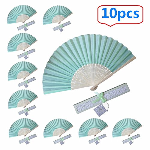 10pcs Folding Silk hand Fan versus Gift Box Party or wedding Gifts (grandmother green) WEN FEIYU