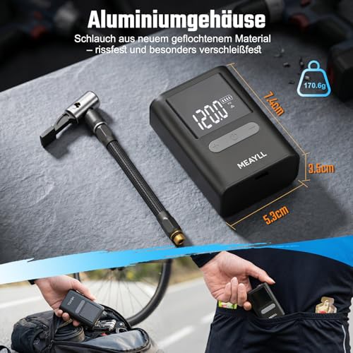Mini Electric Bicycle Pump with Pressure Gauge, 120 PSI Mini Pump for Auto Stop and Quick Inflation, 500 mAh Battery Air Pump Bicycle with Presta and Schrader Valve for Road Bike, MTB, E-Bike