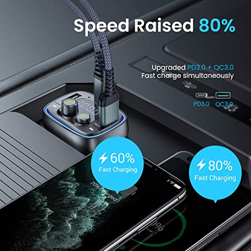 AINOPE Bluetooth for Car Adapter, 36W/6A PD&QC3.0 Bluetooth FM Transmitter 7Colors LED Backlit