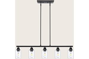 XIDING Island Lights for Kitchen Dining Room Light Fixtures Over Table Ceiling Hanging Chandeliers Farmhouse 5 Lights Suspension Angle Height Adjustable with Clear Glass Shade Black