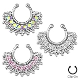 Rhodium Plated Fake Septum Clicker Clip On Non Piercing Nose Ring Hoop Cartilage Tribal Fan 3/8