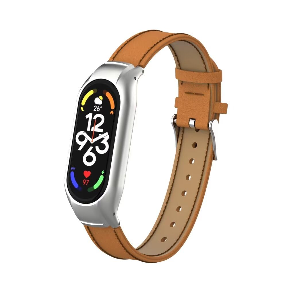 T-BLUER Compatible with Xiaomi Mi Band 7 Strap,Leather Replacement Band Wristband Accessories with Metal Frame for Xiaomi Mi Band 7 Smart Bracelet,Brown โ image 1
