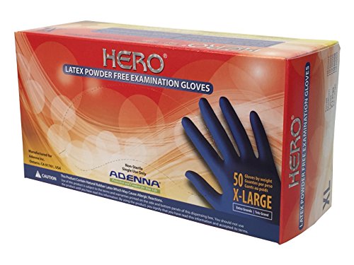 Adenna Hero 14 mil Latex Powder Free Exam Gloves (Blue, X-Large) Box of 50