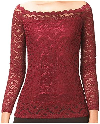 Ajclub Women's Sexy Boat Neck Floral Lace Raglan Long Sleeve Shirt Top (S, Red)