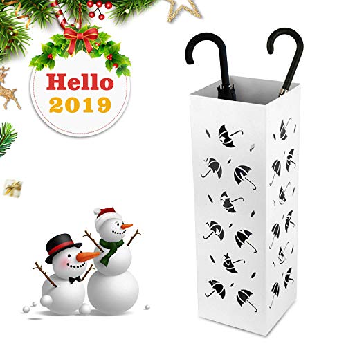 Amzdeal Umbrella Stand Rack Holder Free Stand for Canes Walking/Sticks with 2 Hooks Drip Tray, Fully Metal, Anti-Rust, Heavy, Large, White - Thumbnail 6