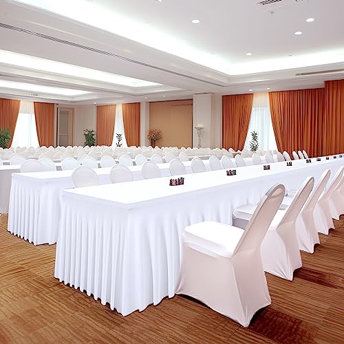6 Packs White Table Clothes for 6 Foot Rectangle Tables, One-Piece Wrinkle Resistant Stretch Spandex Table Covers with Skirt for Event Banquet Wedding Birthday Party