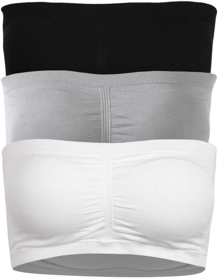DD DEMOISELLE Women's Bandeau Bra, No Underwire Push Up Stretch Strapless Seamless Tube Top Bra Lightly Padded for Wedding Traveling Summer Nursing Bra Loungewear Bra 3 Pack Basic Black White Grey M