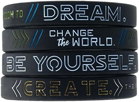 "Dream, Change the World, Be Yourself, &amp; Create" - Set of 4 Inspirational Silicone Wristbands in Adult Unisex Size