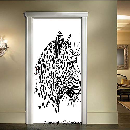 baihemiya 3D Door Wallpaper Stickers,Hand-Drawn-Jaguar-Profile-Wildlife-Jungle-Animal-African-Safari-Theme-Artwork,W30.3xL78.7inch,Suitable for Any Dry,Flat surfaceBlack-White