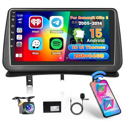 Hikity 2+64G Car Radio for Renault Clio 3 2005-2014 with Carplay Android Auto, 9 Inch Touch Screen Android 15 Radio with Mirror Link FM/RDS EQ WiFi Bluetooth GPS SWC Camera