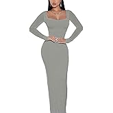Doweha Women's Square Neck Long Sleeve Maxi Dress Sexy Knit Bodycon Long Dress for Women