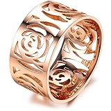 Women's Fashion Classic Flowers Hollow Stainless Steel Ring Lovely Rose Charming Lady Gril Band Gold