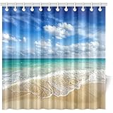 InterestPrint Beach Ocean Theme Shower Curtain, Wavy Ocean Surface Scenery Polyester Fabric Mildew Resistant And Waterproof Bath Curtains, 72 By 72 Inches Extra Long, Blue Turquoise Sand