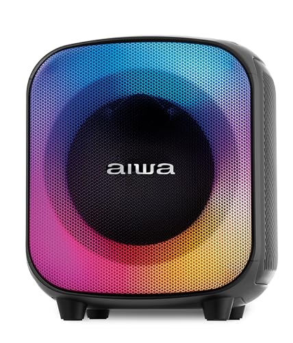 Aiwa Bocina Portátil AW-B81 en Color Negro con 40W RMS, Bluetooth 5.3, función TWS, Luces LED, Radio FM, batería Recargable de 4000 mAh, Puerto USB-C y Sonido Potente con Refuerzo de Graves