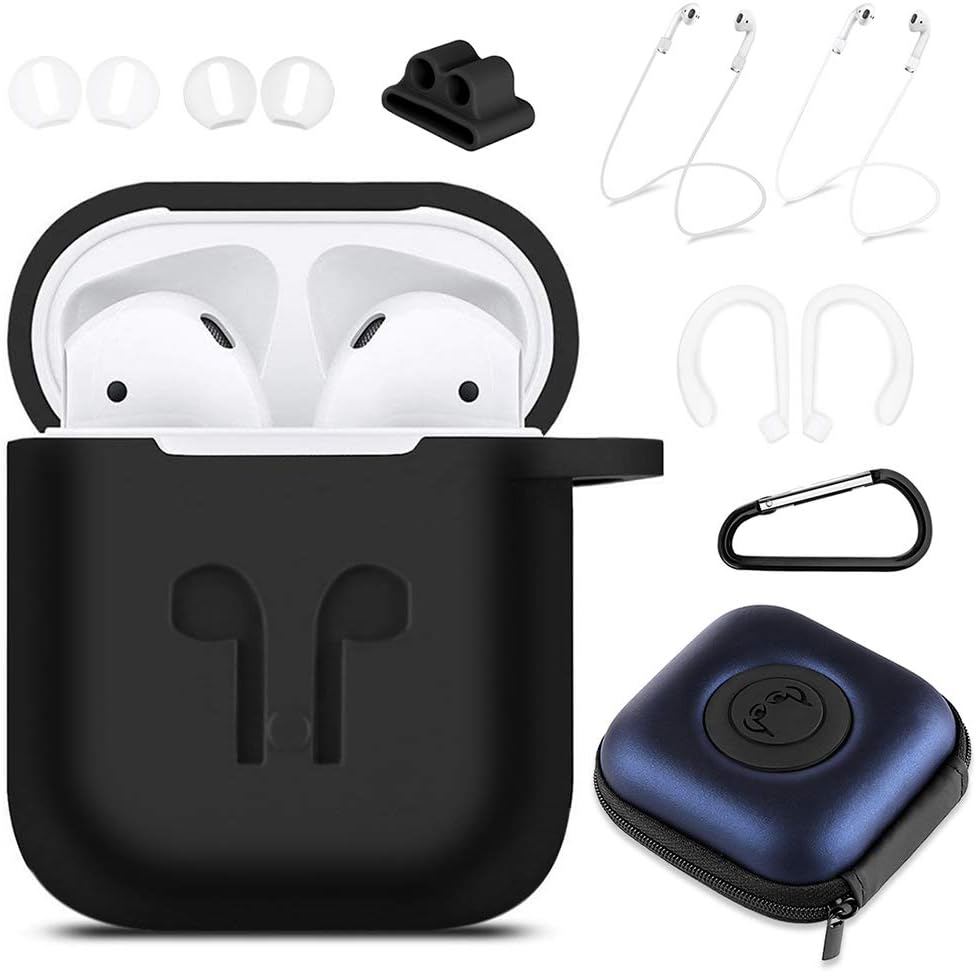 AirPods Case Cover, 9 in 1 Case Airpods Accessories Protective Silicone Skin Compatible for Apple Earpods with Airpods Watch Band Holder/Ear Hook/Anti-Lost Stap/Clip /Keychain/Grip-Black