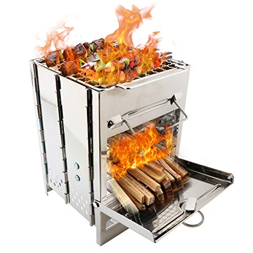 BBTshop Foldable Stainless Steel Barbecue Grill, Portable Camping Stove Camp Wood Stove Burning Backpacking Stove for Outdoor Hiking Picnic BBQ Grill Tools