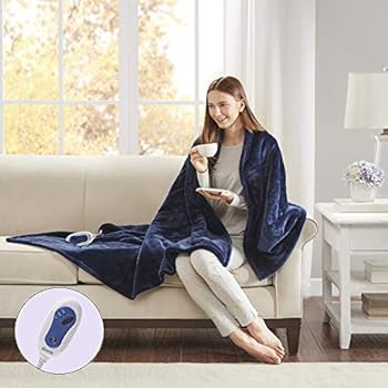 Beautyrest Plush Heated Electric Throw Blanket - Secure Comfort Technology Cozy Soft Microlight to Berber, 60x70, Indigo