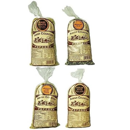 Amish Country Popcorn Gourmet Hulless Variety Sampler Set Baby White, Medium White, Ladyfinger, & Midnight Blue 1-Pound Bags (Pack of 4)