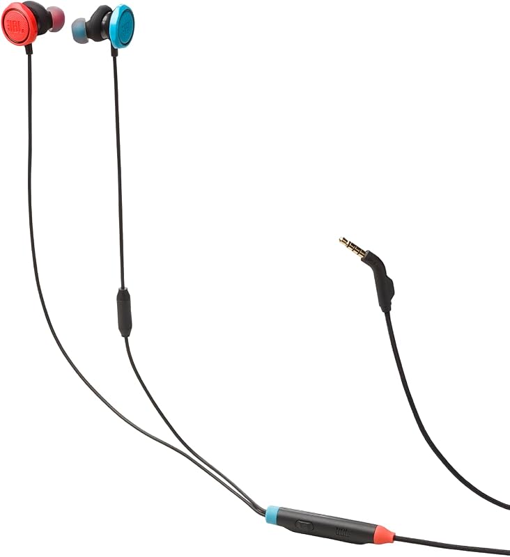 Quantum 50N, auscultadores gaming intra-auriculares com fios, USB-C, JBL Quantum SURROUND, microfone, botão de volume e de silêncio, compatibilidade multiplataforma, azul e vermelho