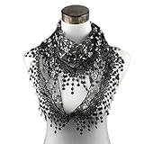 Datework Lace Tassel Sheer Burntout Floral Print Triangle Mantilla Scarf (Black)