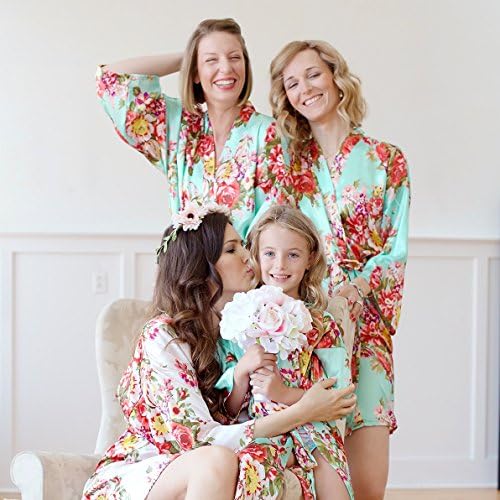 American Cuteness Silk Robes &amp; Gift Pouches Set - Floral Satin Kimono Robe, Bridesmaid Gift, Bachelorette Bridal Party Getting Ready, Wedding Favor (Flower Girl (2-5 Yo), White)