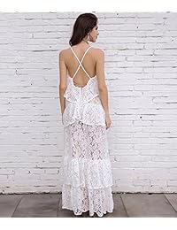 señorita cuello en V de la mujer sin mangas Cruz Correa de Hombro Ver A Través De Vestido De Encaje