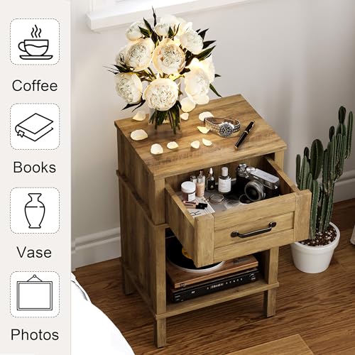 YAUKTAK Wooden Bedside Table Side Table with Drawers Open Compartment Modern Minimalist Bedside Table Bedroom Living Room Rustic Brown LET512DR