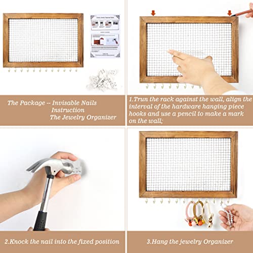 Jewelry Organizer Wall Mounted Mesh Rustic Wood Vanity Jewlerynorganizer Display Earring Storage Holder Organiser with Hooks Hanging Earing, Necklace, Bracelet and Sunglasses(Stencil)