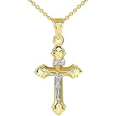 14k Yellow Gold INRI Fleur-de-Lis Two Tone Crucifix Cross Pendant Necklace