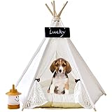 Zaihe Pet Teepee Dog & Cat Bed - Dog Tents & Pet Houses with Cushion & Blackboard, 24 Inch, Up to 15lbs, White, Lace Style