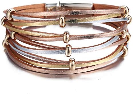 FINETOO Wrap Bracelet Multi-Layer Leather Bead Stand Bracelet with Alloy Magnetic Clasp Boho Jewelry for Women