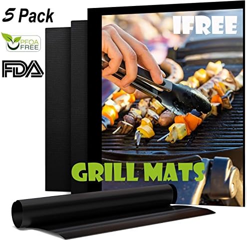 BBQ Grill Mats - IFREE 5 Packs BBQ Grill & Baking Non-Stick Mats - FDA Approved, PFOA Free, Reusable and Easy to Clean - Works on Gas, Charcoal, Electric Grills - 16 x 13 inches