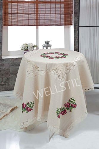 %100 Natural Cotton Original Turkish Vintage Colourful Floral Cross Stitch and Embroidery Tablecloth Rectangle 63"x87" inch Decorative For Living Room,Kitchen and Indoor/Outdoor-Made by Wellstil