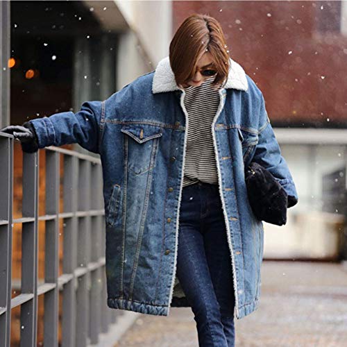 Sttech1 Women Winter Warm Velvet Denim Jacket Long Jean Coat Outwear Overcoat