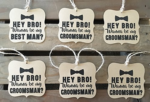 Will you be my Groomsman - Best Man - Set of 6 Square Bracket Shaped - Rustic Modern - WEDDING - Bow Tie - Personalize - Recycled - Eco Friendly