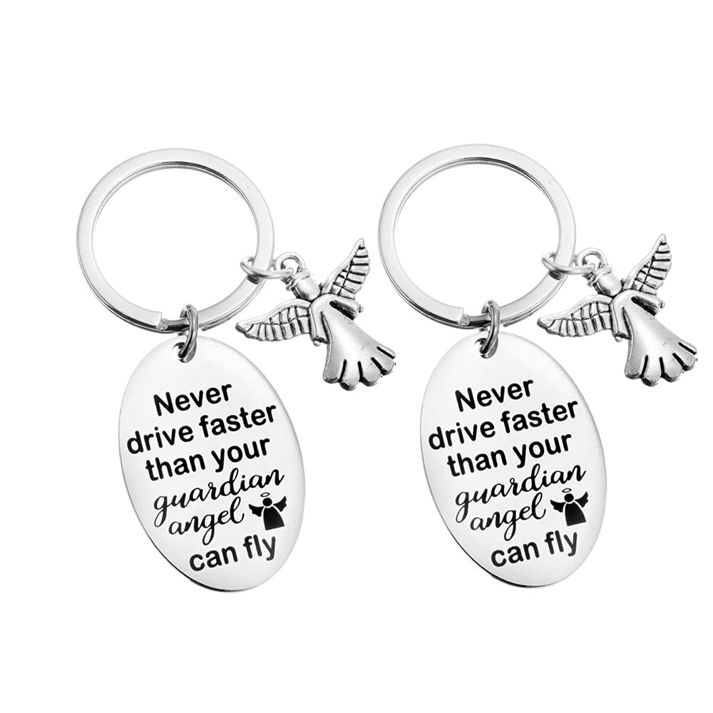 TOFBS Drive Safe Keyring with engraving, Never Drive Faster Than Your Angel Can Fly, Car Guardian Angel Stainless Steel Keychain, Gift for driver Couple Boyfriend Husband Father (silver*Angel)