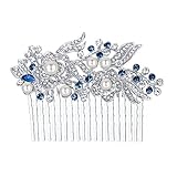 EVER FAITH Austrian Crystal Cream Simulated Pearl Flower Leaf Vine Hair Comb Blue Silver-Tone