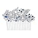 EVER FAITH Austrian Crystal Cream Simulated Pearl Flower Leaf Vine Hair Comb Blue Silver-Tone