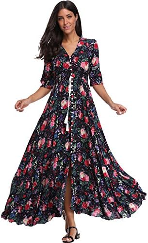 Summer Floral Print Maxi Dress Women Button Up Split Long Flowy Bohemian Beach Party Dresses